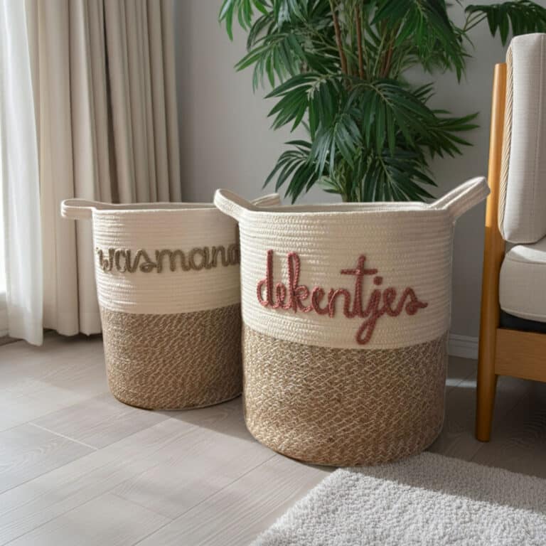 Twee TERRA opbergmanden van jute en katoen met touwhandvatten staan op de vloer, één met 'wasmand' en één met 'dekentjes'. Op de achtergrond zie je een grote groene plant en een crèmekleurige stoel.