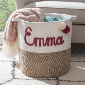 De TERRA - stevige opbergmand van jute en katoen is gevuld met gevouwen roze en blauwe dekens en ligt op een gedessineerd kleed naast een beige bank.