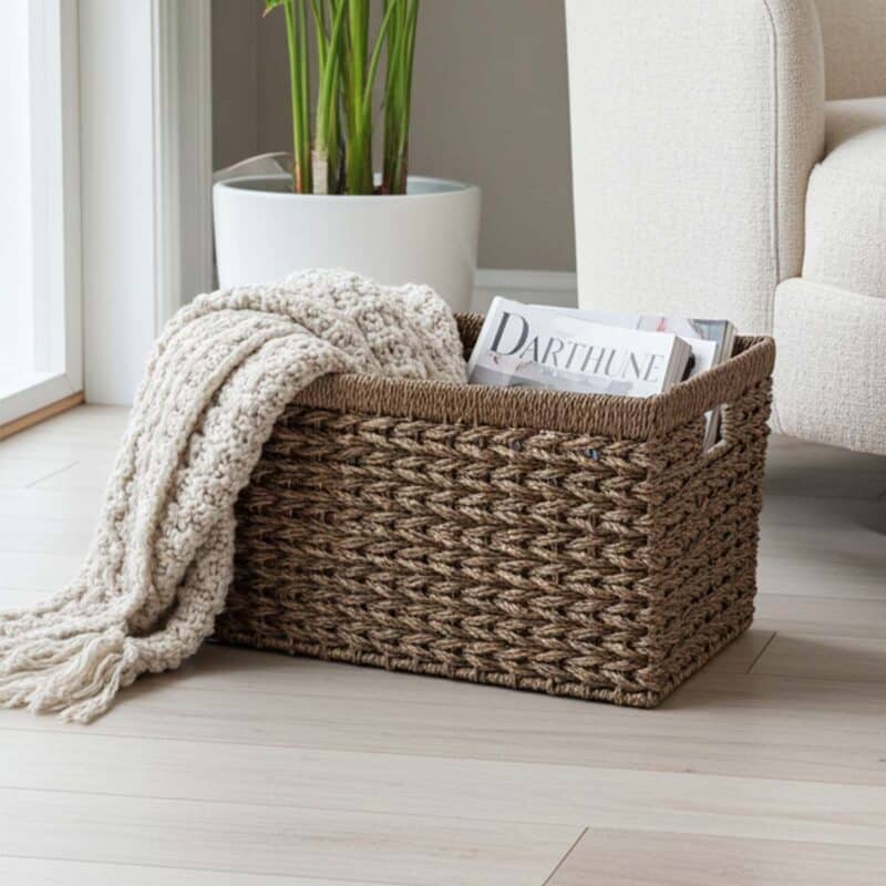 De Elva decoratieve opbergmand van zeegras staat op een lichthouten vloer naast een crèmekleurige bank. Binnen liggen een opgevouwen gebreide crèmekleurige deken en tijdschriften, met een potplant zichtbaar op de achtergrond bij het raam.