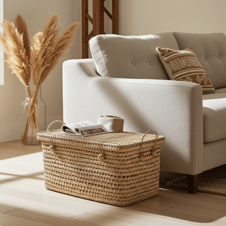 Een geweven manden zit voor een lichtgrijze bank met een kussen met patroon. Er ligt een open tijdschrift en een kopje op de manden. Zonlicht stroomt naar binnen en verlicht pampagras in een vaas naast de bank op een lichte houten vloer.