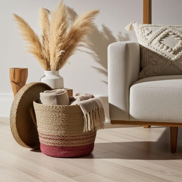 De RODO ronde zeegras mand met deksel, met een roze streep, houdt opgerolde dekens en een kleed met franjes naast een beige bank. Pampasgras in een vaas en een houten accentstuk liggen vlakbij op de vloer.