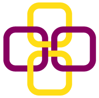 Vier in elkaar grijpende vierkante lussen vormen een symmetrisch patroon. Twee lussen zijn geel en twee zijn paars, gerangschikt in een kruisvorm op een lichtgrijze achtergrond.