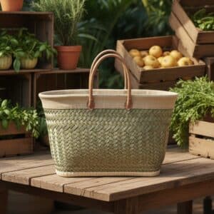 De MADA - ruime en handgemaakte shopper in natuurlijke vezels staat op een houten tafel, omringd door verse kruiden, kratten appels en citroenen in een sfeervolle buitenmarkt.