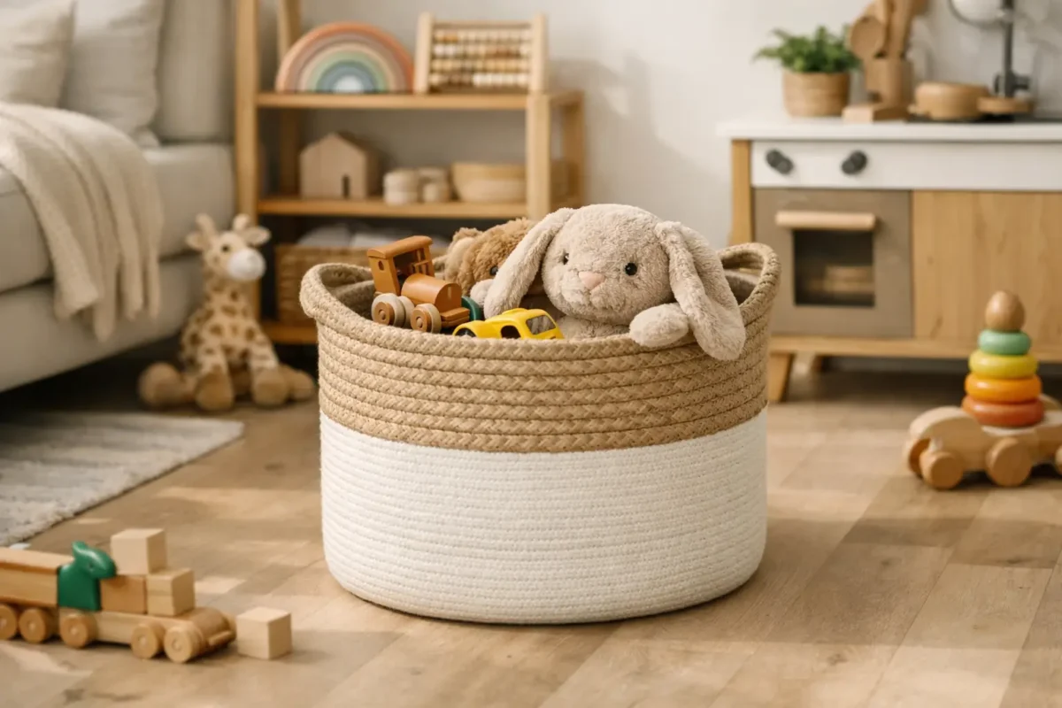 Speelgoedmand met naam voor een opgeruimd huis
